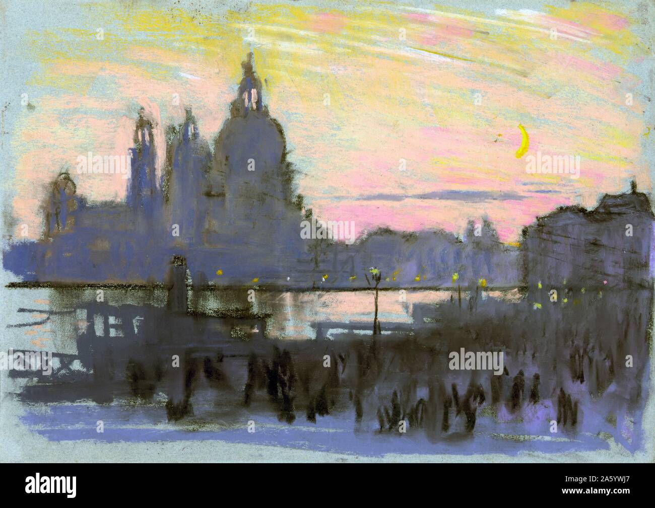 Der goldene Mond durch Joseph Pennell, 1857-1926, Künstler. Zwischen 1901 und 1908 bis heute. Zeichnung auf Papier blau-grau in Pastell: Italien, Venedig. Wie unter Wuerth, "Blick von der Redentore, Vordergrund stark beschattet, am anderen Ufer den Salute und anderen Gebäuden in schweren graue Masse gegen strahlend rosa und goldenen Sonnenuntergang Himmel und auf der rechten Seite einen goldenen Halbmond. Farben, schwarz, blau-grau, Rose, gelb, Creme, grau und Orange, auf bläulich graue Papier. " Stockfoto