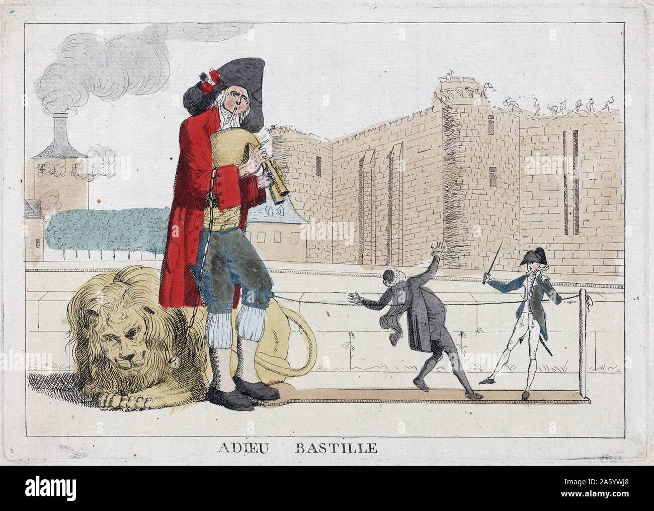 Adieu Bastille. Veröffentlicht 1789. Radierung, handkoloriert. Druck zeigt ein Mann spielt einen Dudelsack, hinter ihm liegt ein Löwe auf eine Kette die drapiert wird über seinen rechten Arm, seinen linke Fuß ruht auf einem Spielbrett, am anderen Ende ein Stift mit einer Schnur befestigt ist, die Zeichenfolge durchzieht ein Aristokrat und ein Kleriker und ist an linken Bein des Mannes, der Aristokrat und Kleriker tanzen auf dem Spielbrett, als er sein Bein bewegt sich; im Hintergrund ist die Bastille dem Erdboden gleichgemacht werden. Stockfoto