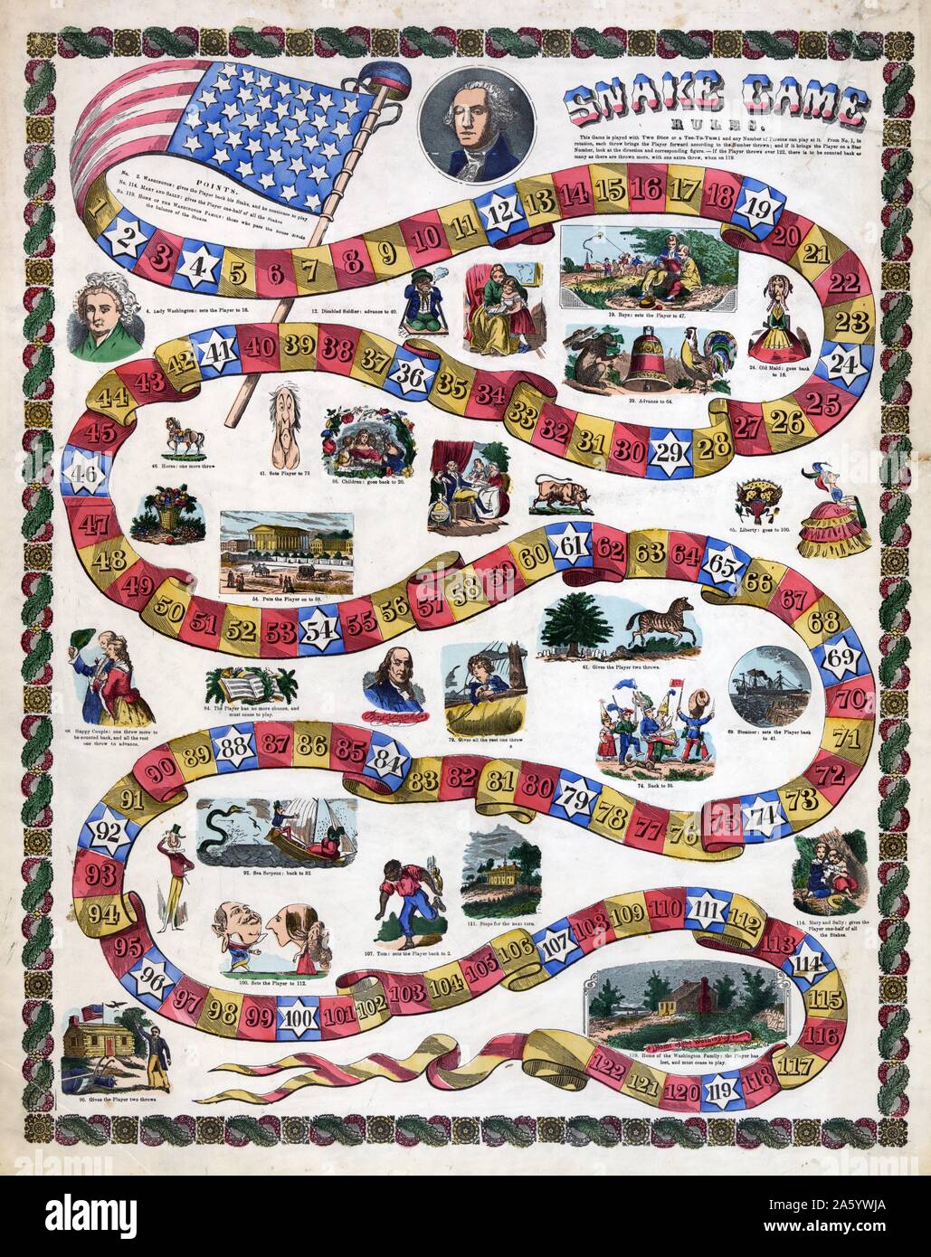 Snake Spiel Regeln. Zwischen 1840 und 1860 veröffentlicht. Holzschnitt, handkoloriert. Drucken Sie, zeigt ein Spielbrett mit rot, gold und blau Räume, nummeriert von 1 bis 122; auf dem Brett sind Abbildungen, die sind nummeriert und entsprechen den blauen "spielte" Räume, die Aktion Punkte, der Spieler, die Landung auf einem folgt der Anweisungen, die mit der entsprechenden Abbildung sind und verschiebt sich entsprechend. Zu Beginn des Spiels ist ein Porträt von George Washington und am Ende, ein rustikal aussehende Gehöft gekennzeichnet als das "home of the Washington Family." Stockfoto