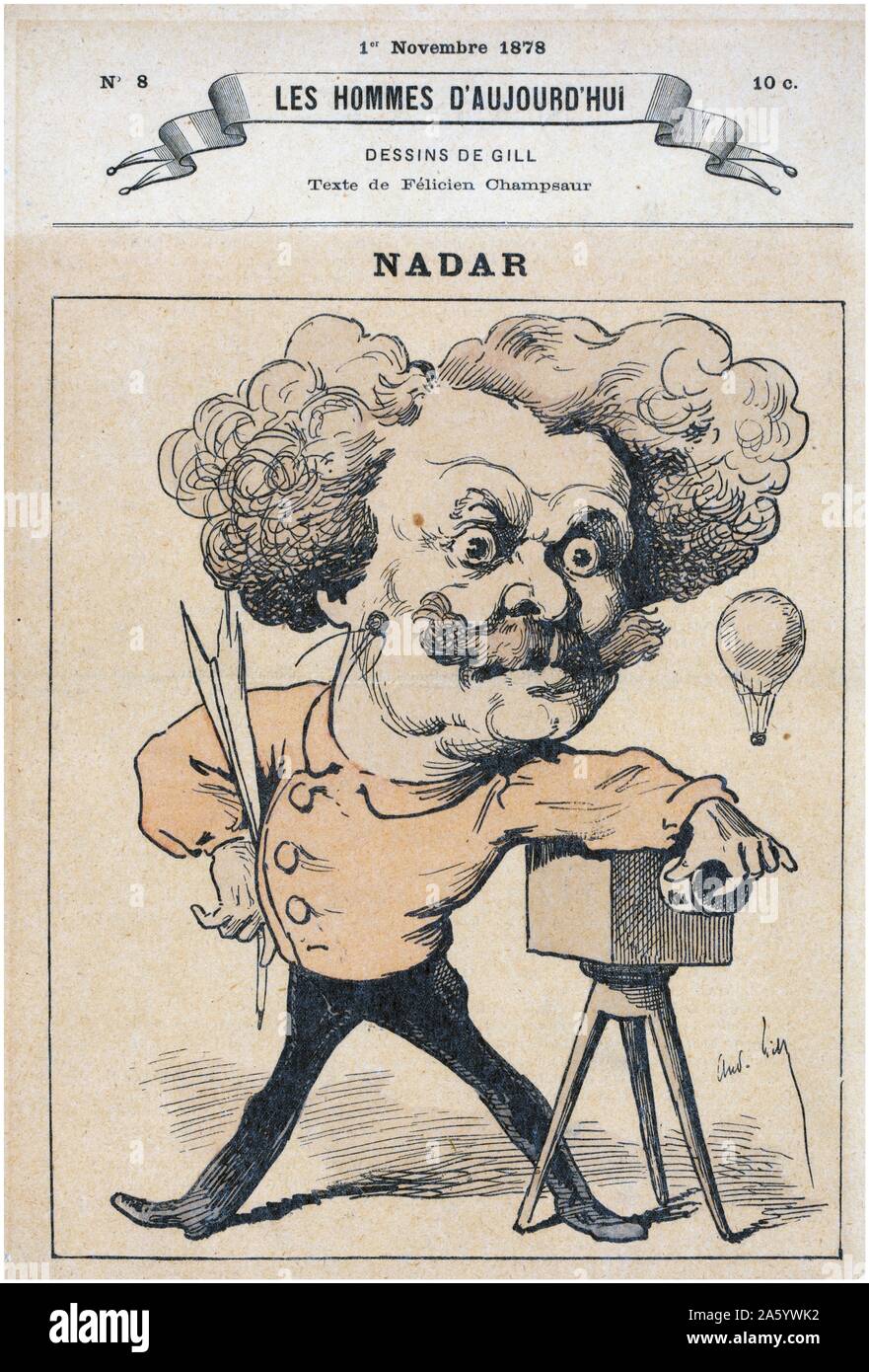 Französische Karikatur des Fotografen und Ballonfahrer Nadar, neben seiner Kamera steht und eine Feder in der rechten Hand halten. Ein Ballon schwebt im Hintergrund. Von André Gill, 1840-1885, Künstler 1878 Stockfoto