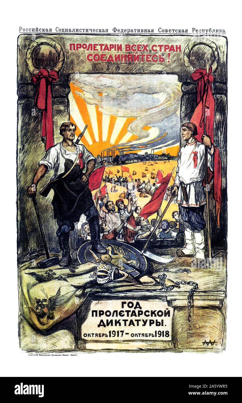 Sowjetische Propaganda Kunst Darstellung der einjährigen Diktatur des Proletariats durch russische Künstler Alexander Petrovich Apsit (1880 – 1944). Vom Jahre 1918 Stockfoto