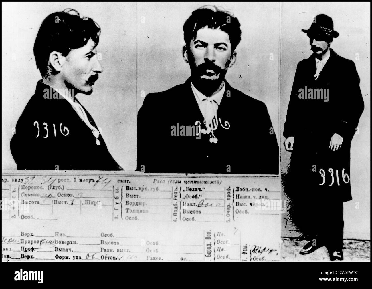 Fahndungsfoto des Jospef Stalin genommen von der zaristischen Geheimpolizei in Sankt Petersburg, wie Stalin die russische Regierung vor der Revolution von 1917 kämpfte. Datiert 1911 Stockfoto