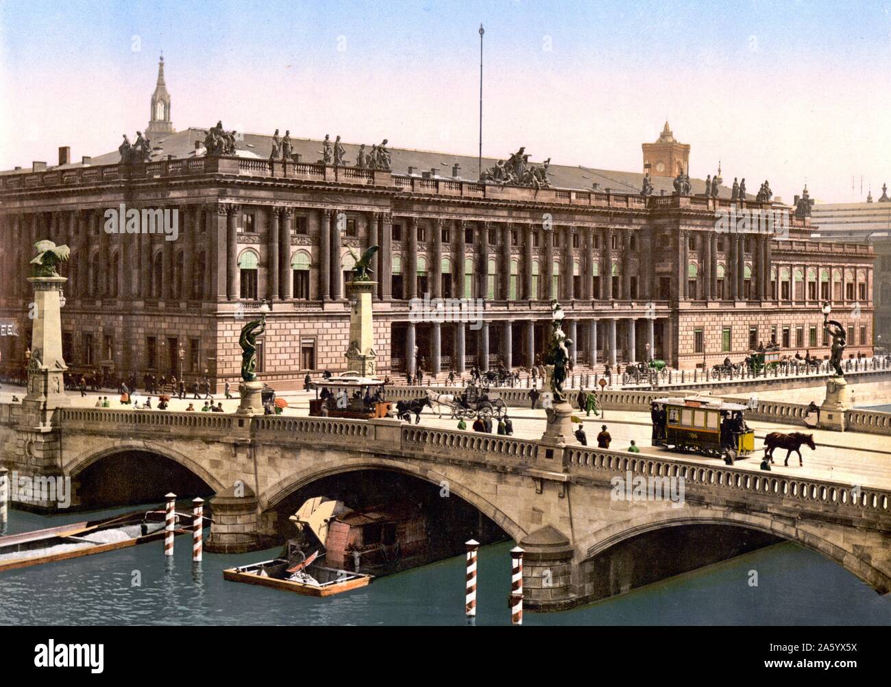 Pferdekutsche Straßenbahnen Brücke der Friedrich neben der Börse oder Bourse, Berlin, Deutschland 1900 Stockfoto