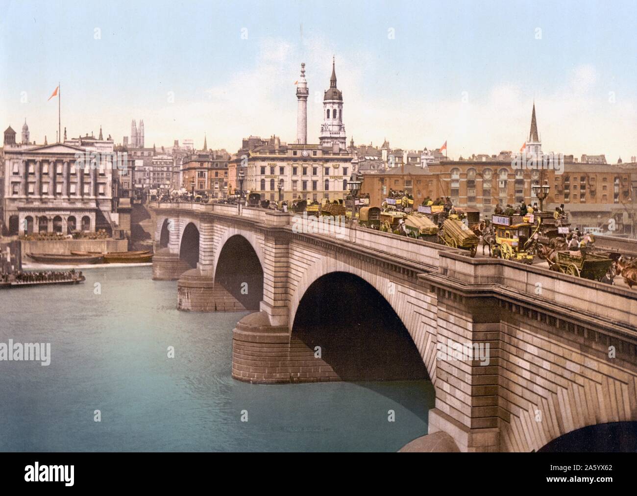 Pferdekutschen, Wagen und Straßenbahnen überqueren Sie die London Bridge, London, England 1890 Stockfoto