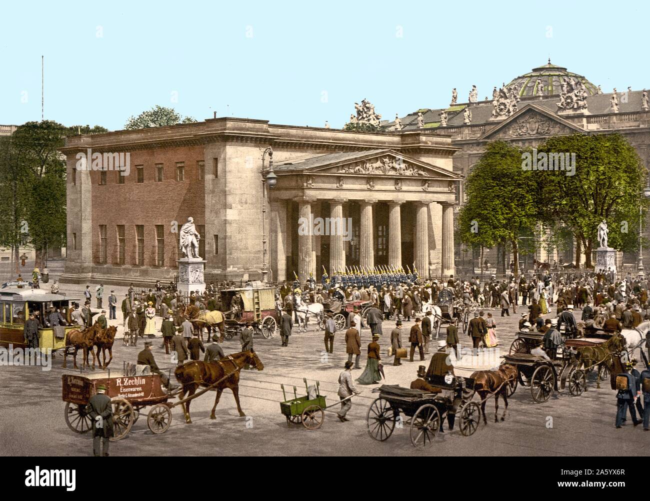 Pferdekutsche Kutschen und Straßenbahn in einer Straßenszene in Berlin, Deutschland 1890 Stockfoto
