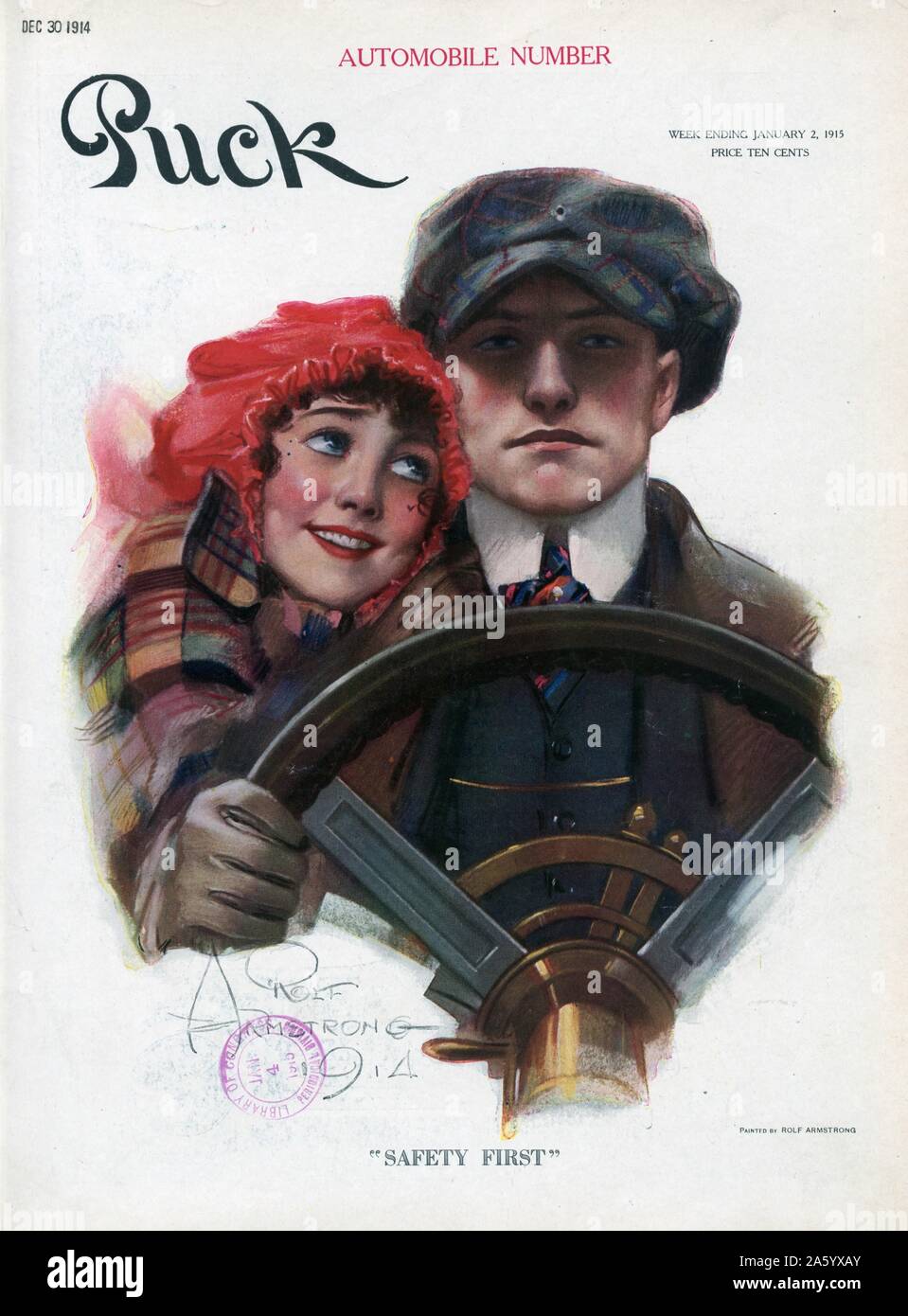 Abbildung mit dem Titel "Safety First" von Rolf Armstrong (1889-1960), US-amerikanischer Maler der Pin-up-Kunst. Datiert 1914 Stockfoto