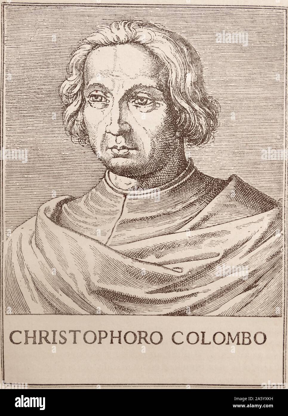 Christopher Columbus; Holzschnitt-Abbildung aus einem spanischen Buch aus dem 16. Jahrhundert Stockfoto