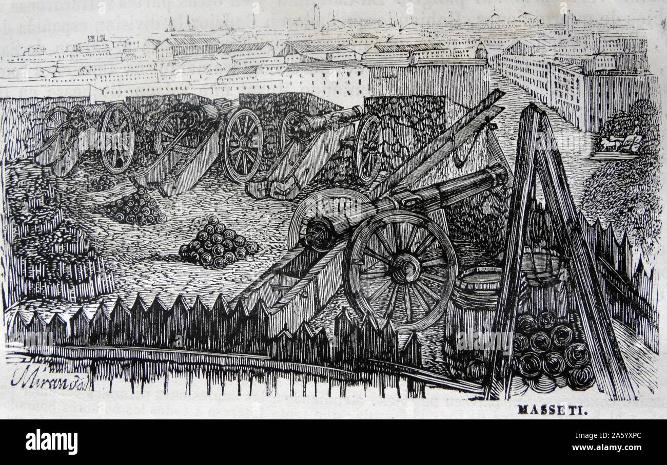 Gravur, Darstellung der Festung El Retiro während des Unabhängigkeitskrieges (1807 – 1814) war ein militärischer Konflikt zwischen Napoleons reich und den Alliierten Mächten von Spanien, Großbritannien und Portugal für die Kontrolle der iberischen Halbinsel während der napoleonischen Kriege. Datiert 1810 Stockfoto