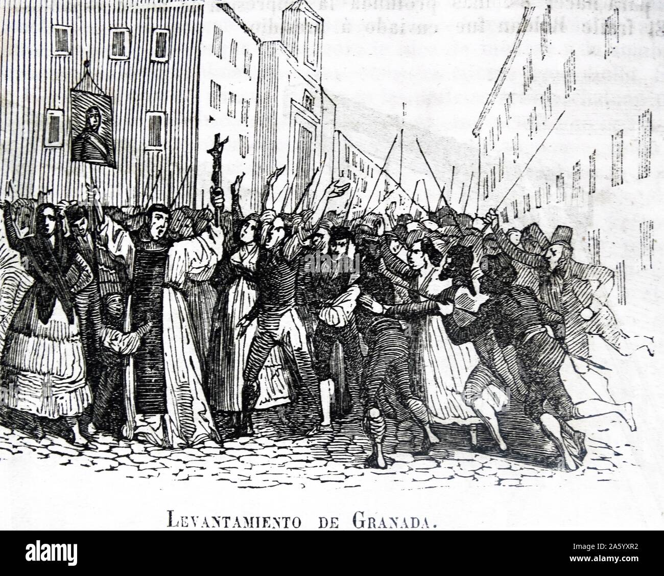 Gravur, Darstellung der Aufstieg von Granada während des Unabhängigkeitskrieges (1807 – 1814) war ein militärischer Konflikt zwischen Napoleons reich und den Alliierten Mächten von Spanien, Großbritannien und Portugal für die Kontrolle der iberischen Halbinsel während der napoleonischen Kriege. Vom Jahre 1809 Stockfoto