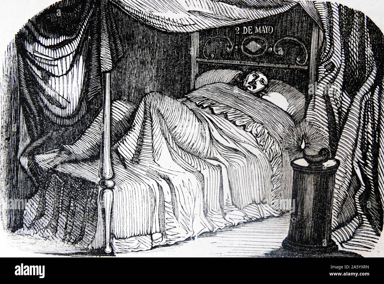 Gravur mit einem sterbenden Mann im Bett liegend mit einer Öllampe mit Licht. Vom 17. Jahrhundert Stockfoto