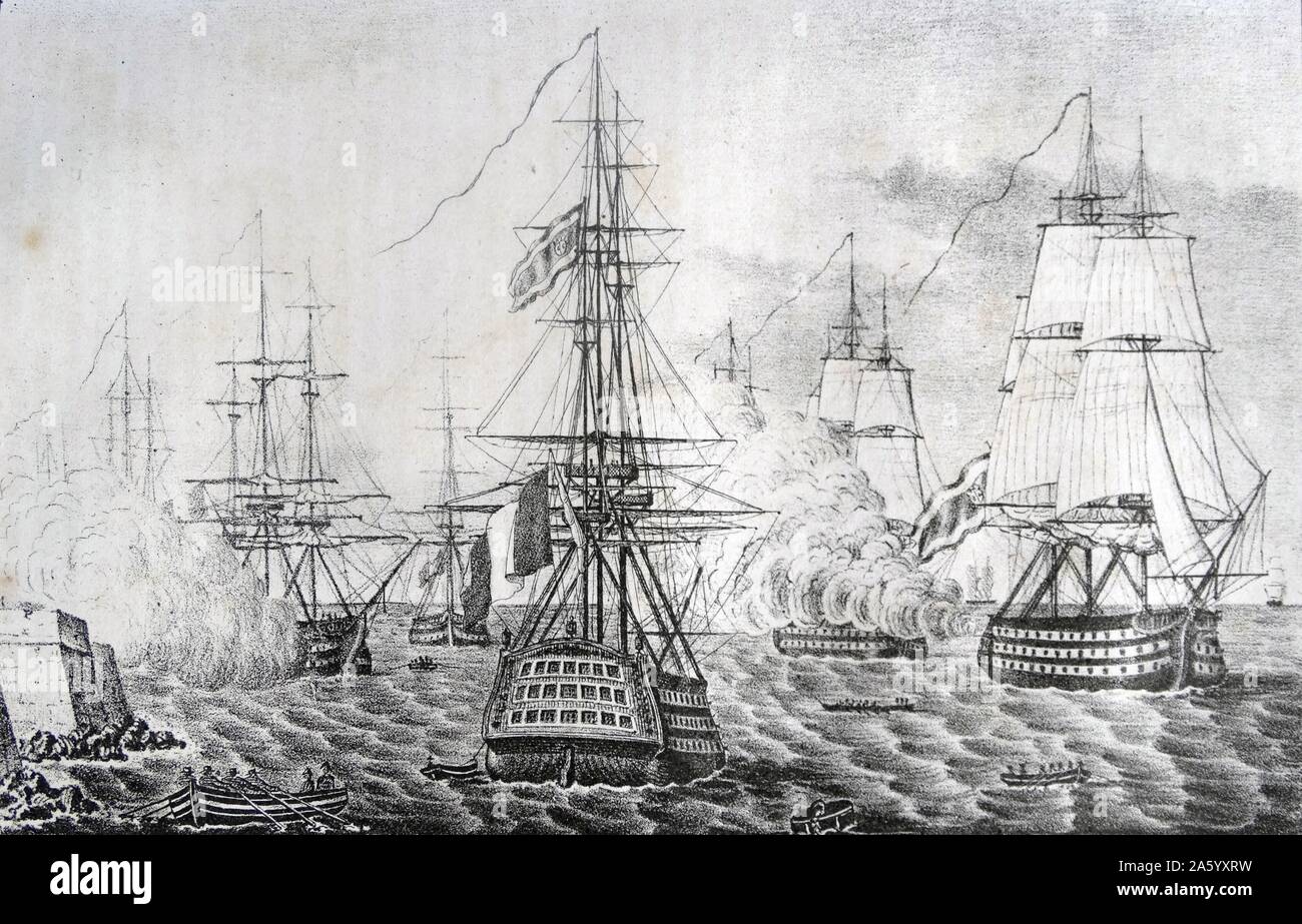 Stich zeigt die Kapitulation der französischen Flotte während des Unabhängigkeitskrieges in Cadiz, verankert. Vom Jahre 1808 Stockfoto
