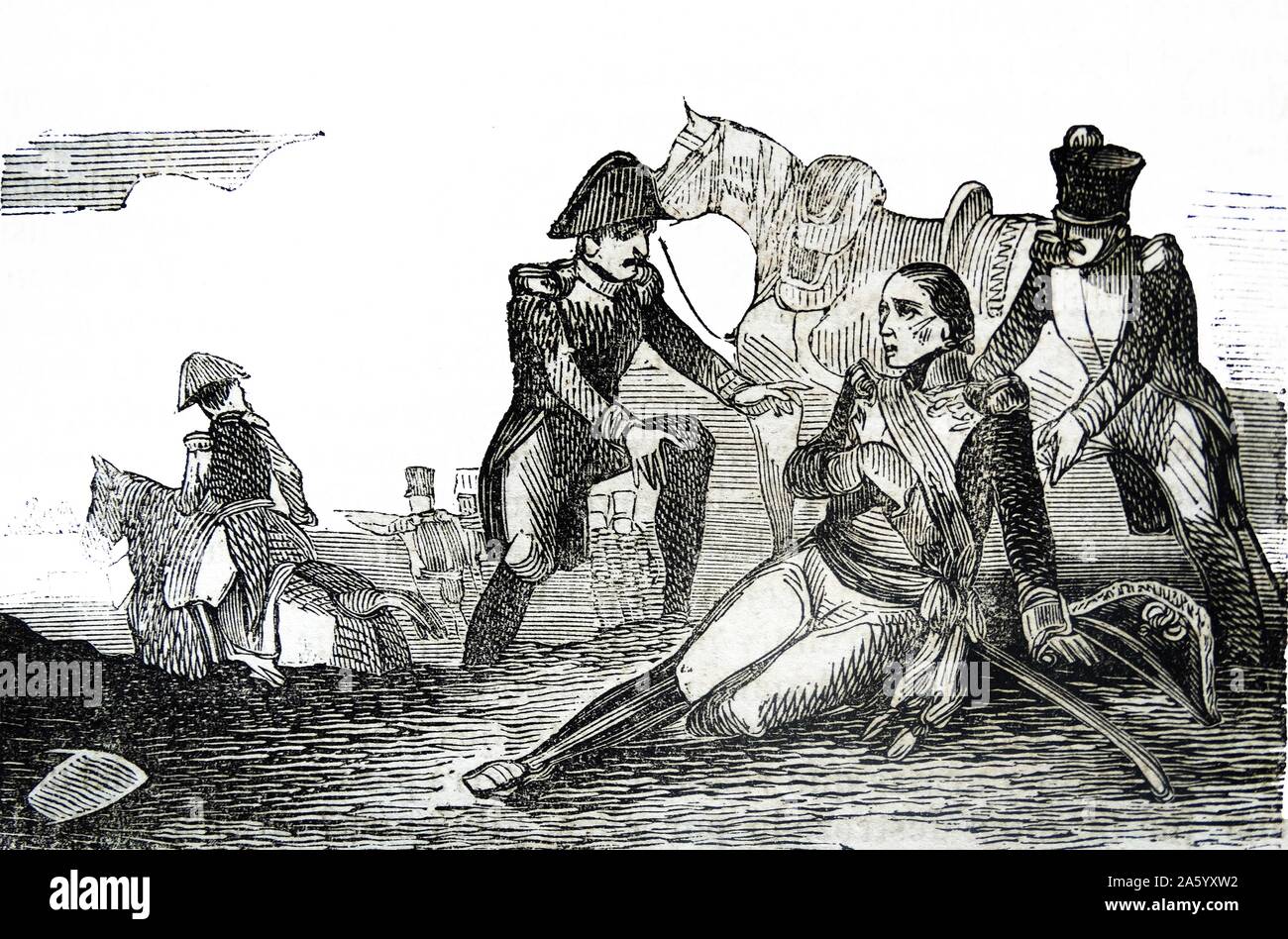 Darstellung der Schlacht von La Coruña Gravur, fand am 16. Januar 1809, als ein französisches Korps unter Marschall des Reiches Nicolas Jean de Dieu Soult eine britische Armee unter Generalleutnant Sir John Moore angegriffen. Die Schlacht fand inmitten des Unabhängigkeitskrieges. Stockfoto