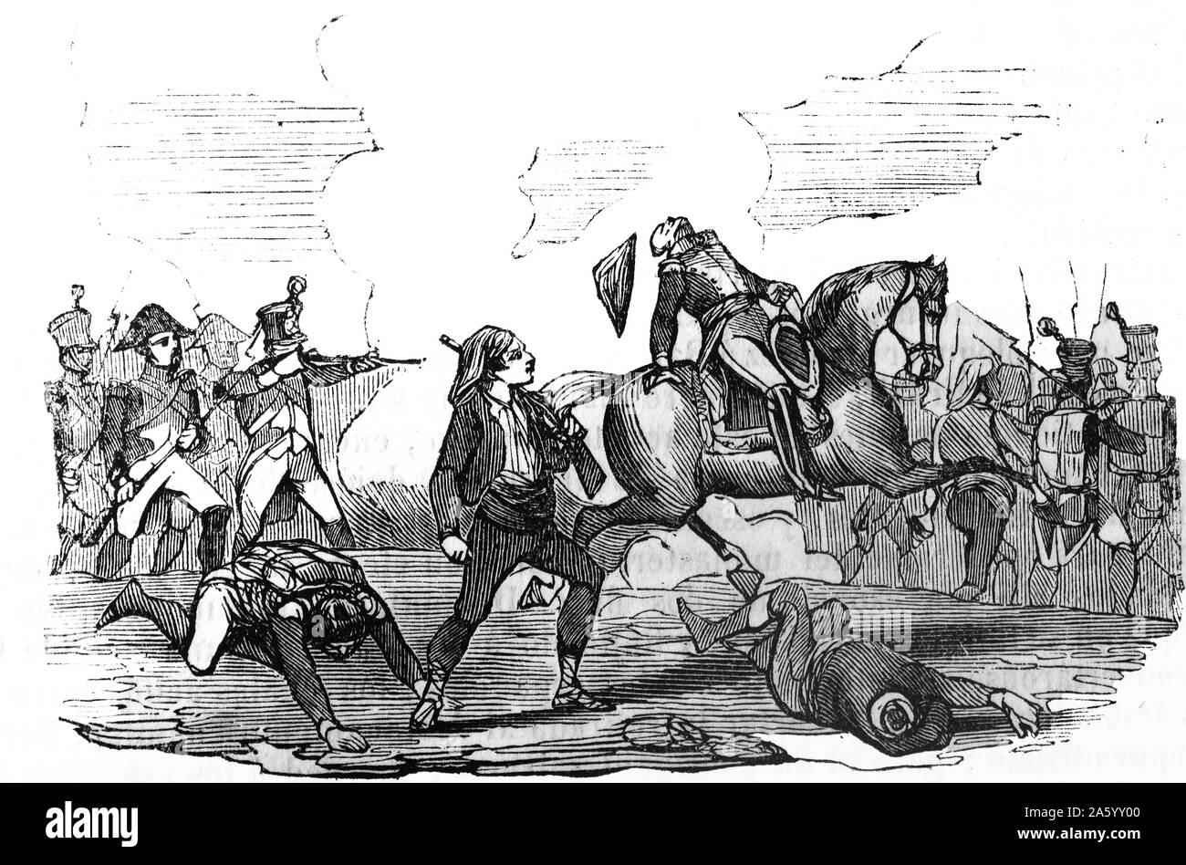 Stich zeigt die Schlacht von Valls, kämpfte während des Unabhängigkeitskrieges zwischen eine französische Truppe unter General Gouvion Saint-Cyr und eine spanische Truppe unter General Reding. Vom Jahre 1809 Stockfoto