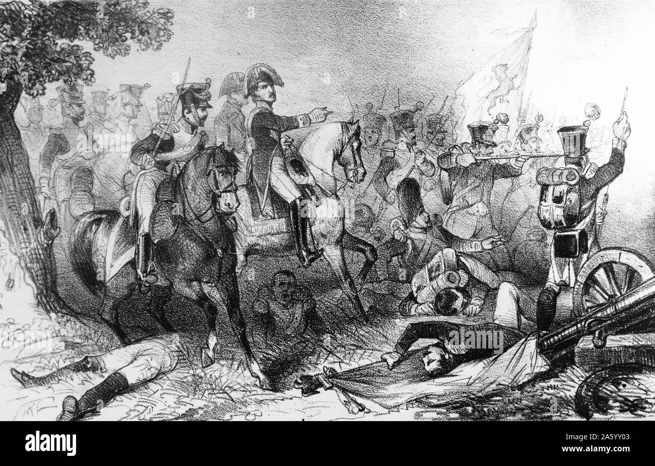 Gravur, eine Schlacht in Aranjuez während des Unabhängigkeitskrieges. Vom 19. Jahrhundert Stockfoto