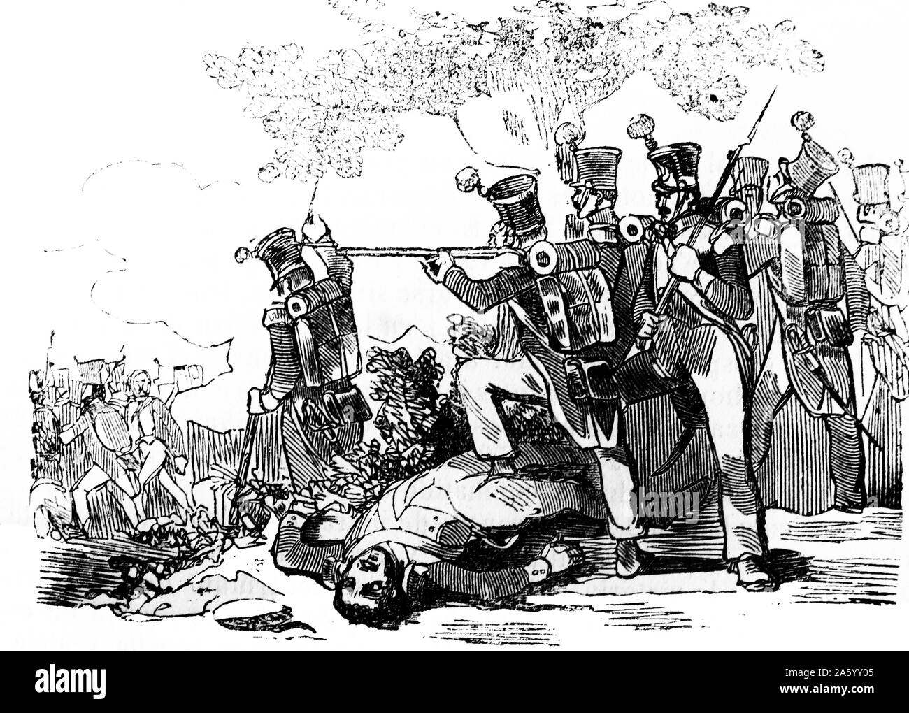 Gravur, eine Schlacht in Aranjuez während des Unabhängigkeitskrieges. Vom 19. Jahrhundert Stockfoto