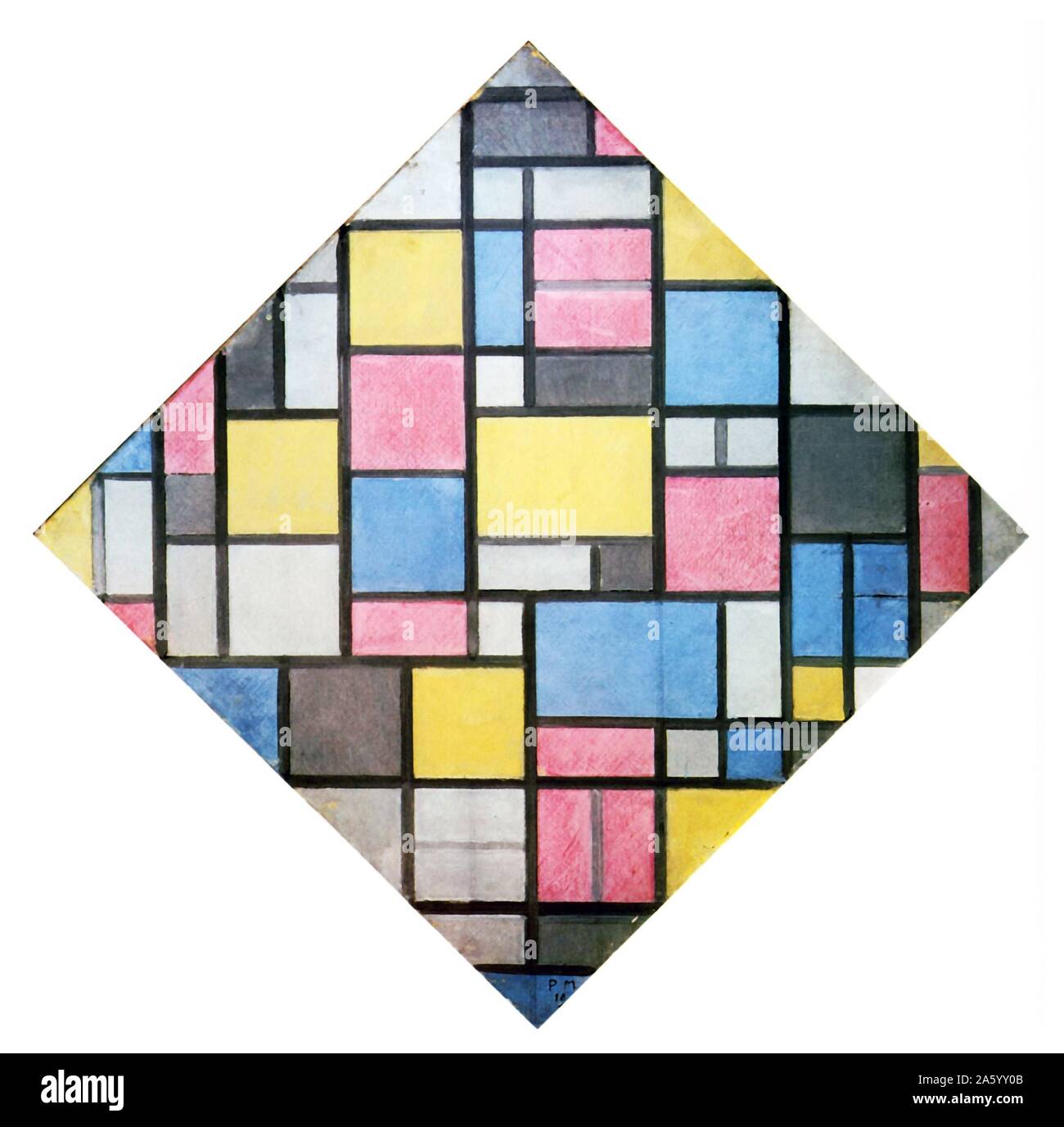 Gemälde mit dem Titel "Komposition mit Raster VII" niederländischen Malers Piet Mondrian (1872 – 1944). Er war ein Mitwirkender zu De Stijl Kunstbewegung und Gruppe, die von Theo van Doesburg gegründet wurde. Er entwickelt eine nicht-gegenständliche Form die er Neoplastizismus bezeichnet. Datiert 1919 Stockfoto
