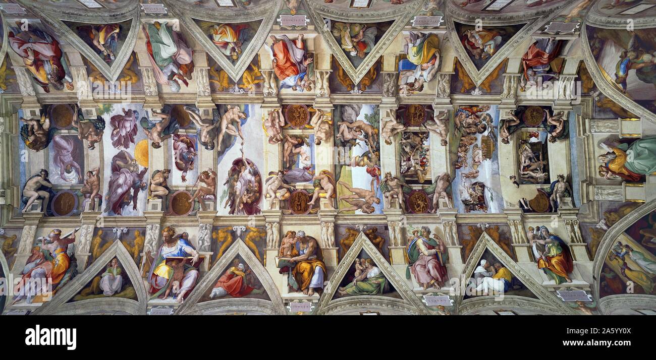 Blick auf die Sixtinische Kapelle Gußeisens gemalt von Michelangelo di Lodovico Buonarroti Simoni (1475-1564), italienischer Bildhauer, Maler, Architekt, Dichter und Ingenieur der Hochrenaissance, die einen beispiellosen Einfluss auf die Entwicklung der westlichen Kunst ausgeübt. Datiert aus dem 16. Jahrhundert Stockfoto