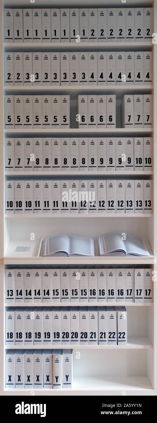 Das menschliche Genom ist die Gesamtheit der Nukleinsäure-Sequenz für den Menschen (Homo Sapiens), innerhalb der 23 Chromosomenpaare im Zellkern und in einem kleinen DNA-Molekül gefunden in einzelne Mitochondrien als DNA codiert. Datierte 2015 Stockfoto Das menschliche Genom ist die Gesamtheit der Nukleinsäure-Sequenz für den Menschen (Homo Sapiens), innerhalb der 23 Chromosomenpaare im Zellkern und in einem kleinen DNA-Molekül gefunden in einzelne Mitochondrien als DNA codiert. Datierte 2015 Stockfoto