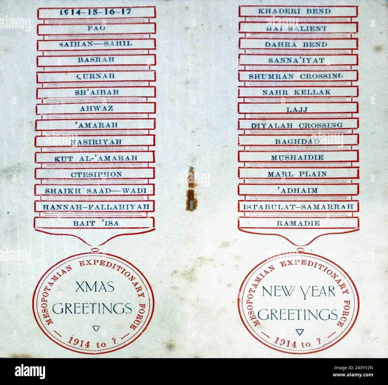 Ein Weltkrieg, britische Weihnachtskarte Liste alle Aktionen, an denen der Mesopotamien Expeditionary Force bis Dezember 1917 teilgenommen hatte. Stockfoto