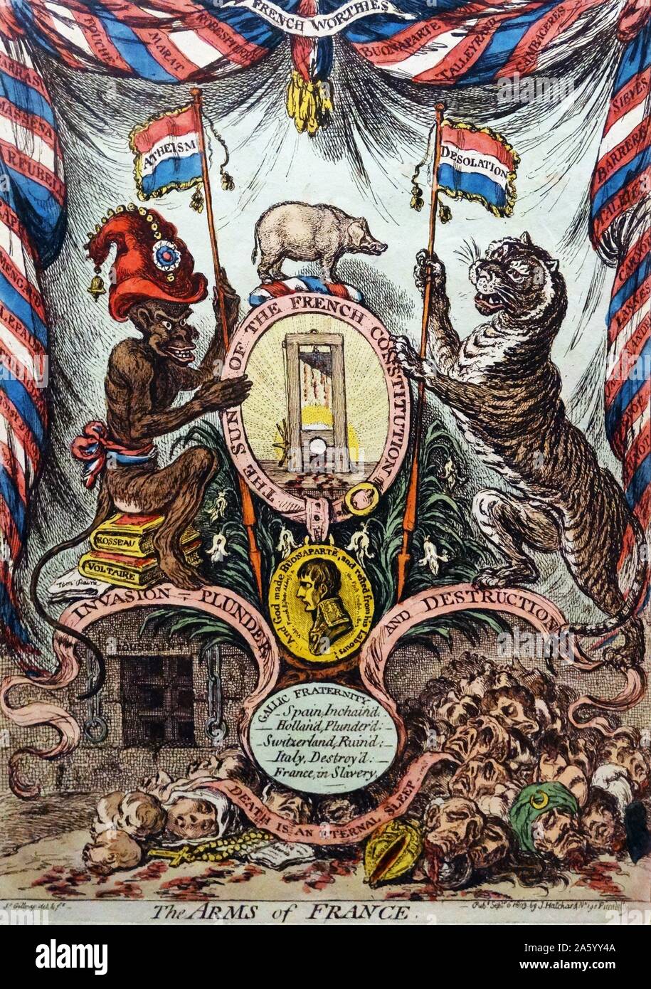 Handkolorierten Radierung mit dem Titel "The Arms of France" von James Gillray, (1751-1815) englische Karikaturist und Grafiker berühmt für seine geätzten politischen und gesellschaftlichen Satiren. Datiert 1803 Stockfoto