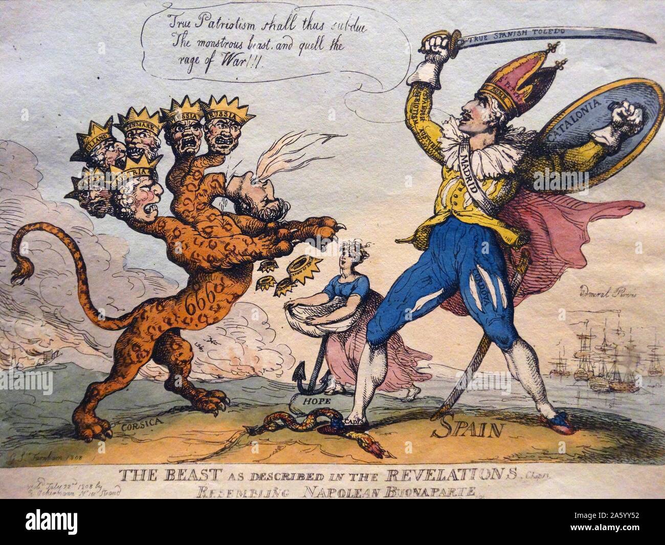 Handkolorierten Radierung mit dem Titel "The Beast als beschrieben in den Offenbarungen" von Thomas Rowlandson (1757-1827), britischer Maler und Karikaturist. Vom Jahre 1808 Stockfoto