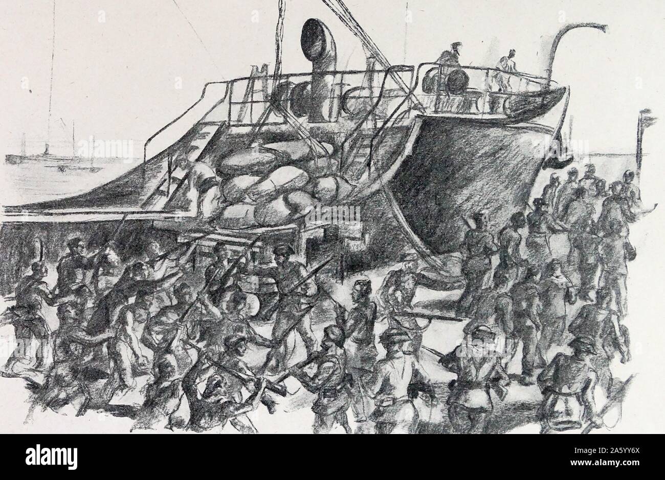 Republikanische Segler sind von der Guardia Civil während des Anfalls der Docks während des spanischen Bürgerkriegs festgenommen. Durch Carlos Saenz de Tejada (1897-1958), spanischer Maler und Illustrator; identifiziert mit der nationalistischen (faschistischen) Seite im spanischen Bürgerkrieg. Stockfoto