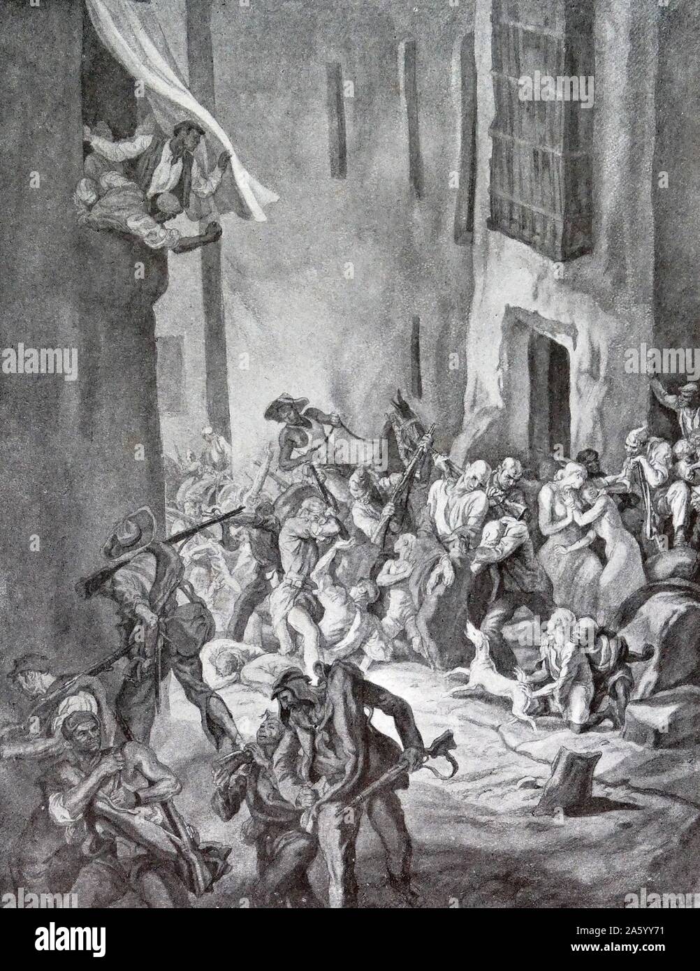 nationalistische zivilen Gefangenen angegriffen von einem republikanischen Mob, in den spanischen Bürgerkrieg. Durch Carlos Saenz de Tejada (1897-1958), spanischer Maler und Illustrator; identifiziert mit der nationalistischen (faschistischen) Seite im spanischen Bürgerkrieg. Stockfoto