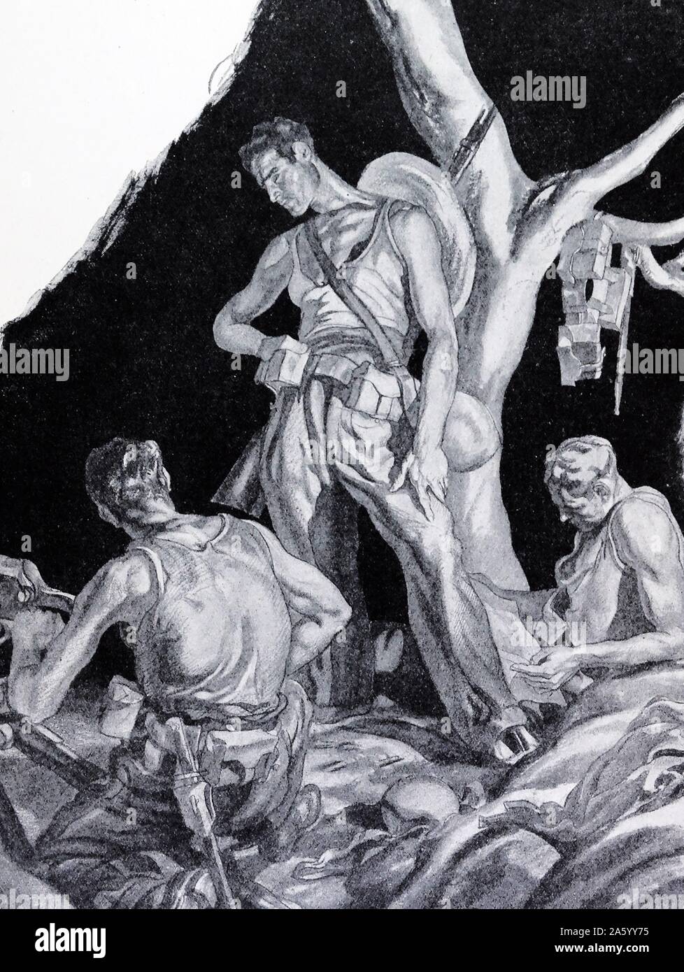Kommunistischen syndikalistischen Miliz in der Nacht, während des spanischen Bürgerkriegs. Durch Carlos Saenz de Tejada (1897-1958), spanischer Maler und Illustrator; identifiziert mit der nationalistischen (faschistischen) Seite im spanischen Bürgerkrieg. Stockfoto