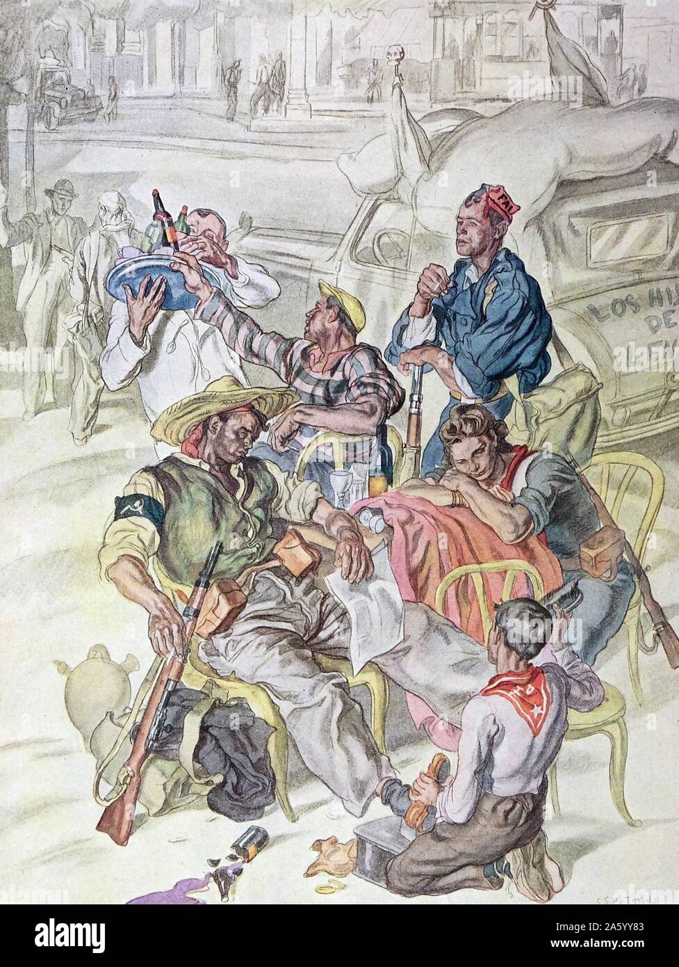 Abbildung zeigt republikanischen Milizen in Madrid 1937. Durch Carlos Saenz de Tejada (1897-1958), spanischer Maler und Illustrator; identifiziert mit der nationalistischen (faschistischen) Seite im spanischen Bürgerkrieg. Stockfoto