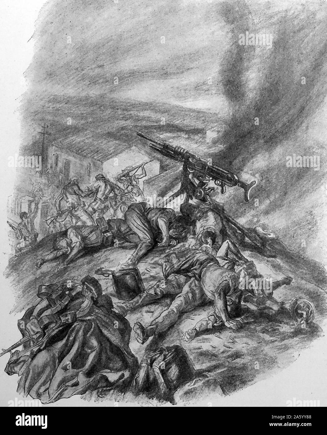 Lage auf einem Hügel am Ende von nationalistischen Kräften verteidigt: spanischen bürgerlichen Krieg 1936 durch Carlos Saenz de Tejada (1897-1958), spanischer Maler und Illustrator, identifiziert mit der nationalistischen (faschistischen) Seite im spanischen Bürgerkrieg. Stockfoto