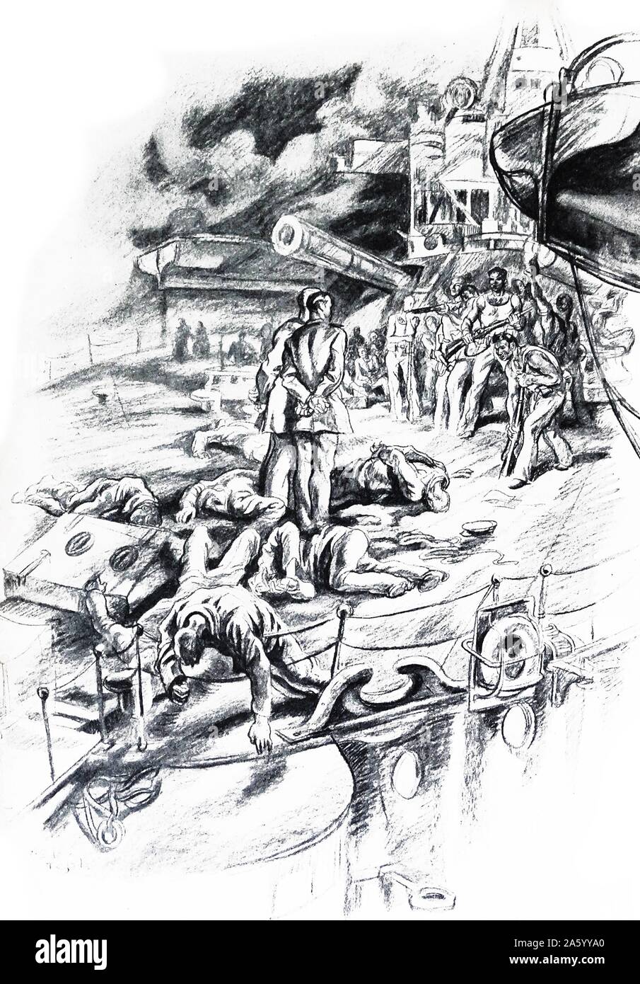 Republikanische Meuterer greifen ein Schiff während des spanischen Bürgerkrieges. Illustration von Carlos Saenz de Tejada (1897-1958), spanischer Maler und Illustrator; identifiziert mit der nationalistischen (faschistischen) Seite im spanischen Bürgerkrieg. Stockfoto