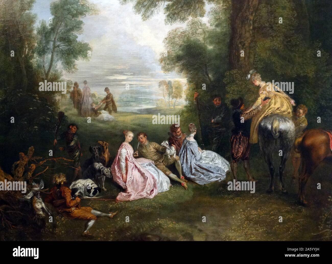 Malerei gekippt "The Halt während Chase" des französischen Malers Jean-Antoine Watteau (1684-1721). Vom 18. Jahrhundert Stockfoto