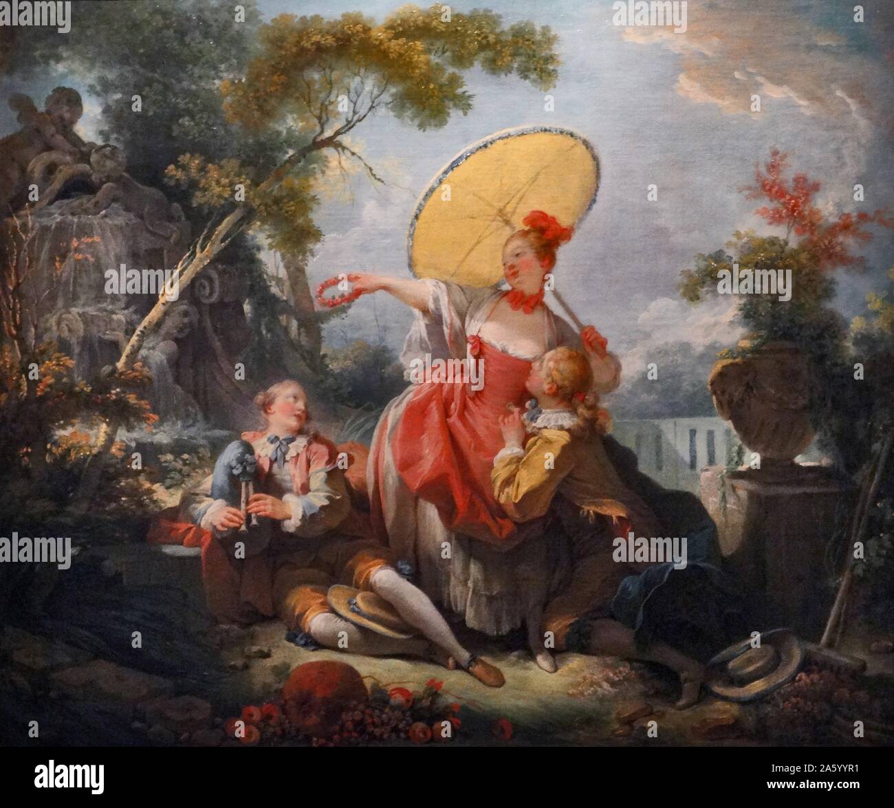 Gemälde mit dem Titel "The Musical Contest" von Jean-Honoré Fragonard (1732-1806), französischer Maler und Grafiker der Rococo Art und Weise. Vom 18. Jahrhundert Stockfoto