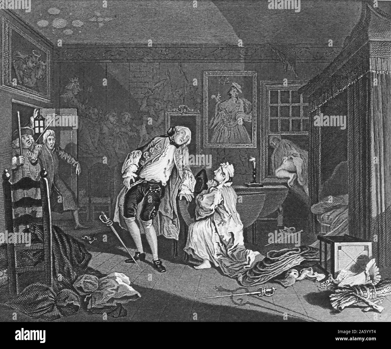 Gravur betitelt "Ehe A La Mode" von William Hogarth (1697-1764), englischer Maler, Grafiker, bildhafte Satiriker, Gesellschaftskritiker und Karikaturist, mit zukunftsweisenden westlichen sequenziellen Kunst gutgeschrieben wurde. Vom 18. Jahrhundert. Stockfoto