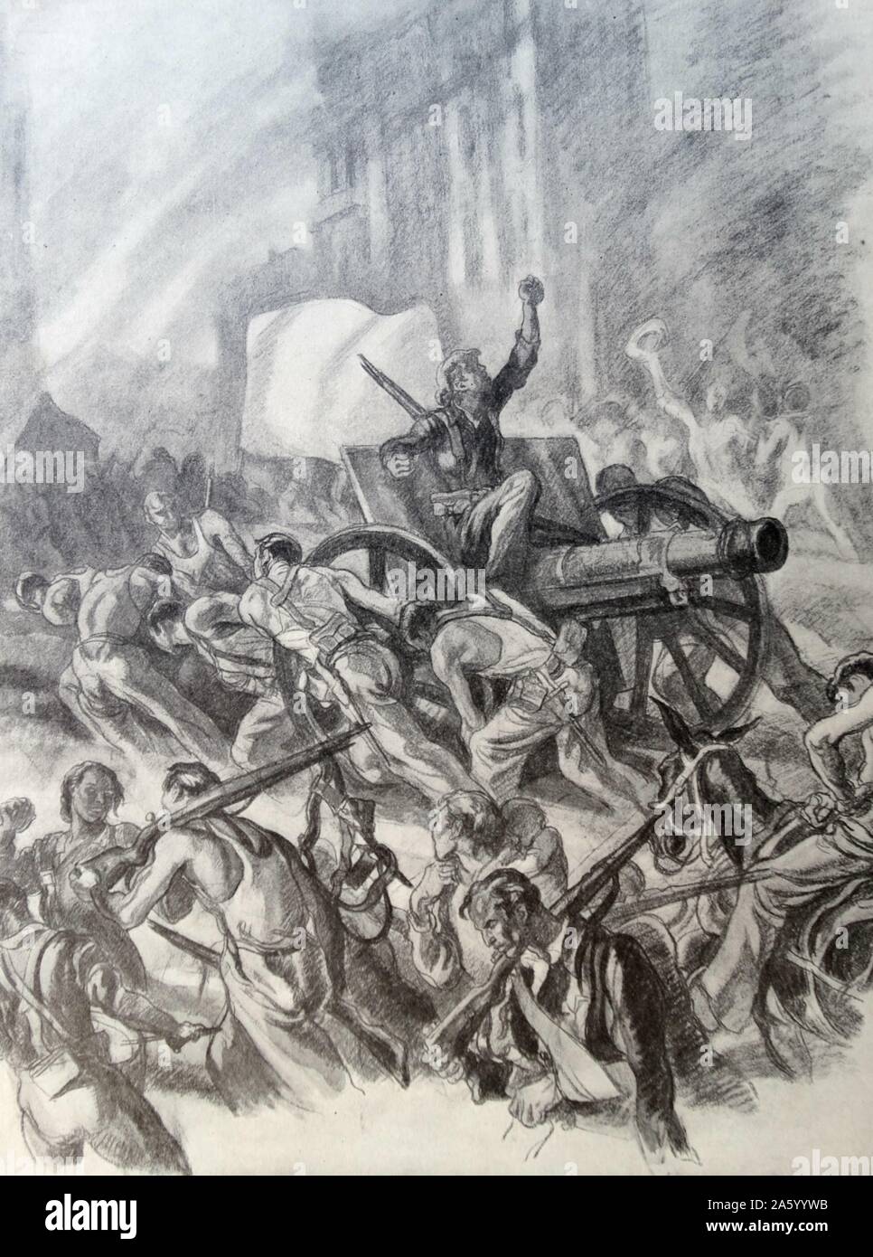 Propaganda-Illustration von Carlos Saenz De Tejada Darstellung eine nationalistische Milizen, die Beschlagnahme einer Kanone während der Straßenkämpfe in den spanischen Bürgerkrieg. Datiert 1938 Stockfoto