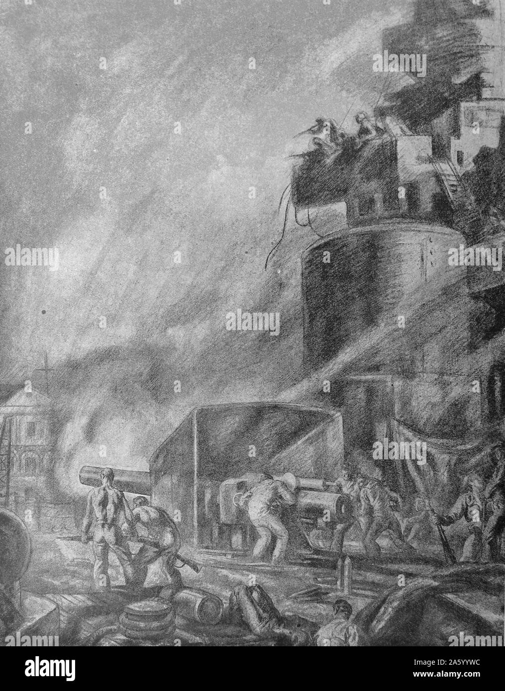 Propaganda-Illustration von Carlos Saenz De Tejada Darstellung republikanischen Segler Meuterei auf ein Schlachtschiff während des spanischen Bürgerkriegs. Datiert 1936 Stockfoto