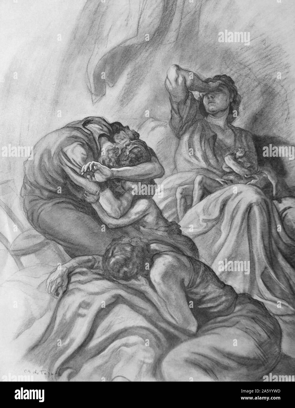 Propaganda-Illustration von Carlos Saenz De Tejada Darstellung einer nationalistischen Familie verzweifelt hungernde Kind umklammert. Datierte 1937 Stockfoto