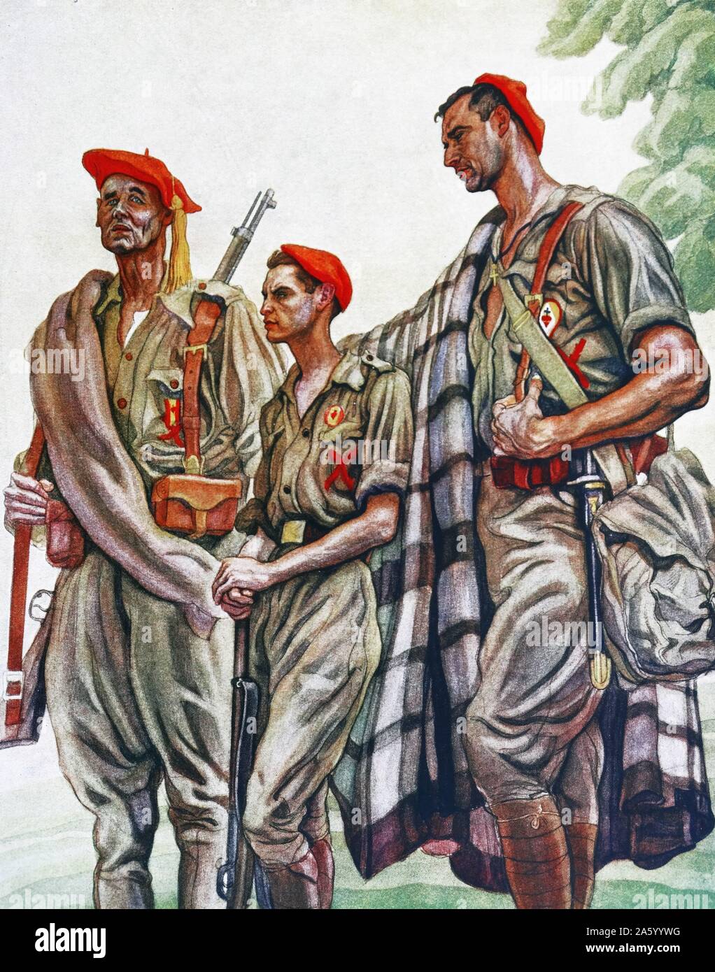 Illustration von Carlos Saenz De Tejada Darstellung drei Generationen der Carlist nationalistischen Kämpfer während des spanischen Bürgerkriegs. Datiert 1936 Stockfoto