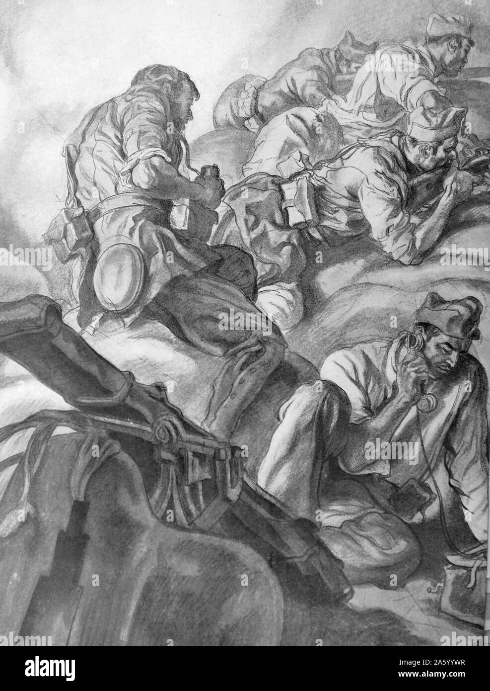 Propaganda-Illustration von Carlos Saenz De Tejada nationalistische Soldaten mit Feldtelefon im Einsatz, die Kommunikation mit anderen nationalistischen Kräfte in Aktion zeigen. Spanischer Bürgerkrieg. Datierte 1937 Stockfoto