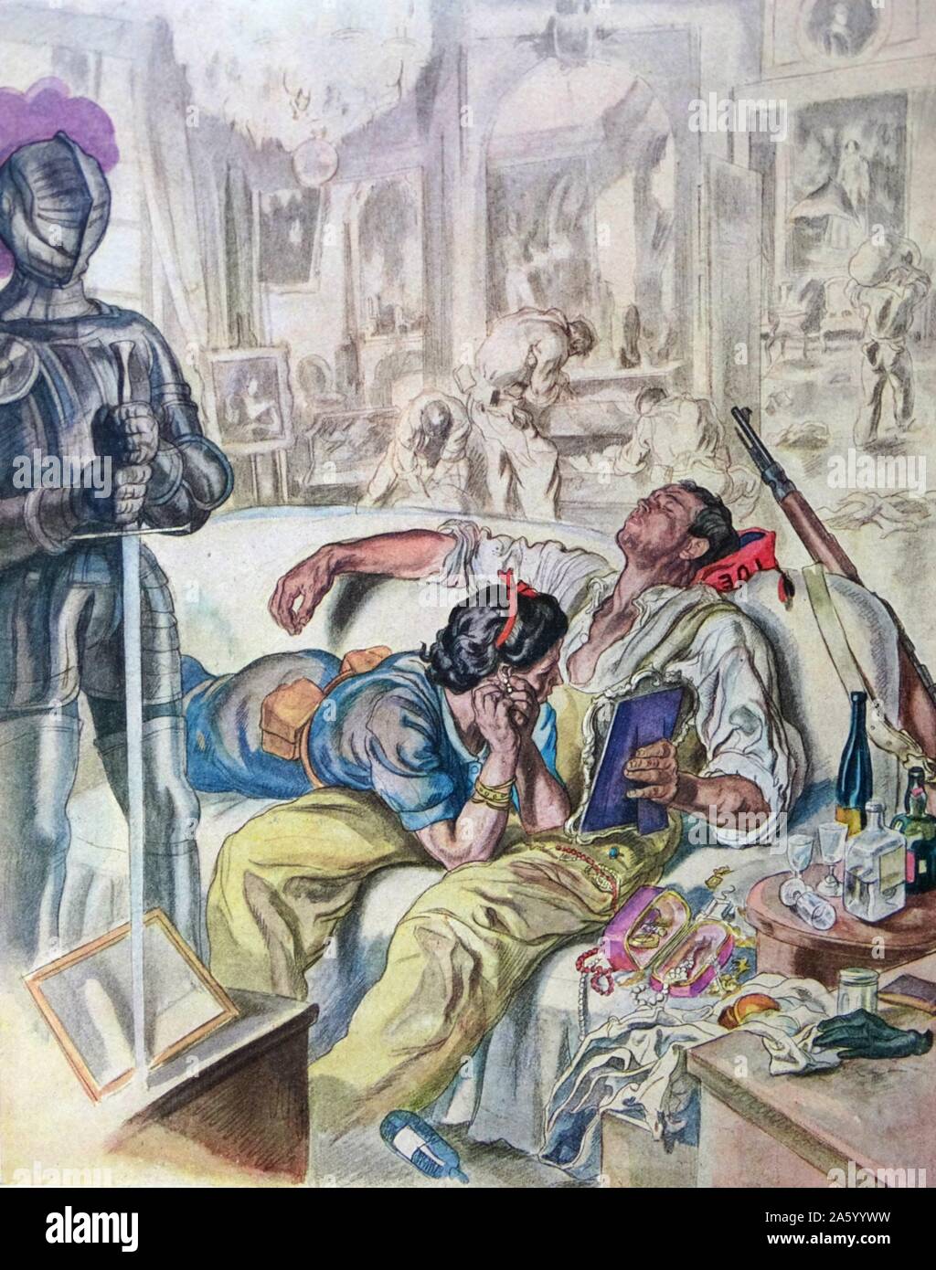 Illustration von der spanischen Nationalisten Künstler Carlos Saenz De Tejada abbildenden anarchistischen Miliz Plünderungen ein Königspalast in Madrid während des spanischen Bürgerkriegs. Datiert 1936 Stockfoto
