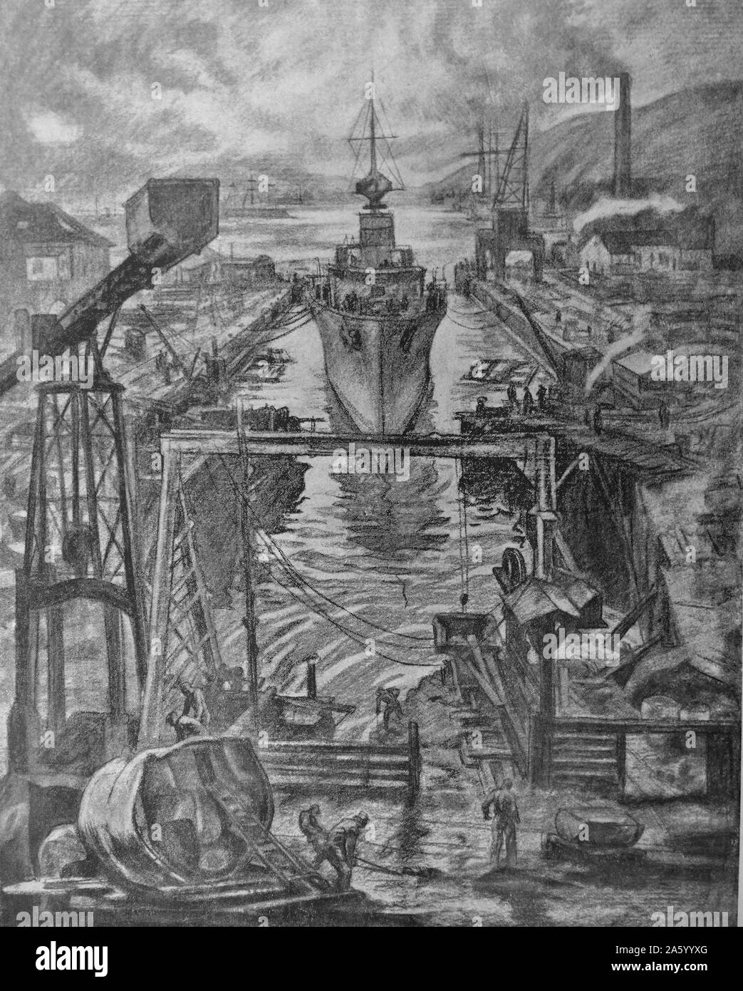 Propaganda-Illustration von Carlos Saenz De Tejada Darstellung einen Zerstörer der Marine Basis zeigen im Dock. Datierte 1937 Stockfoto