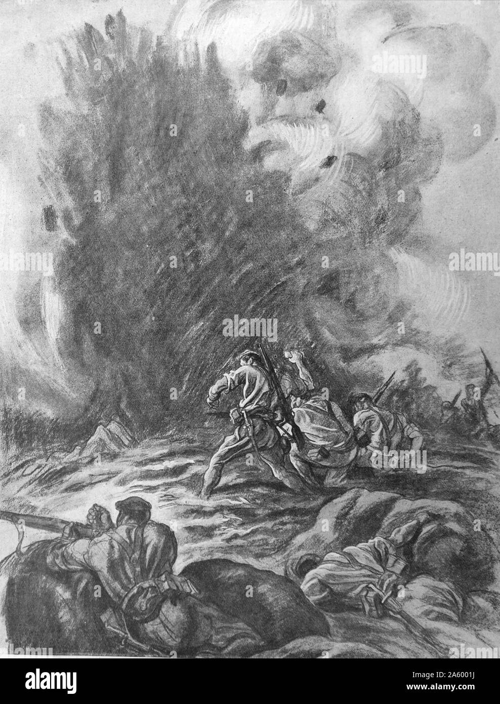 Propaganda-Illustration von Carlos Saenz De Tejada Darstellung nationalistische Soldaten in einem erbitterten Kampf während des spanischen Bürgerkriegs. Datierte 1937 Stockfoto
