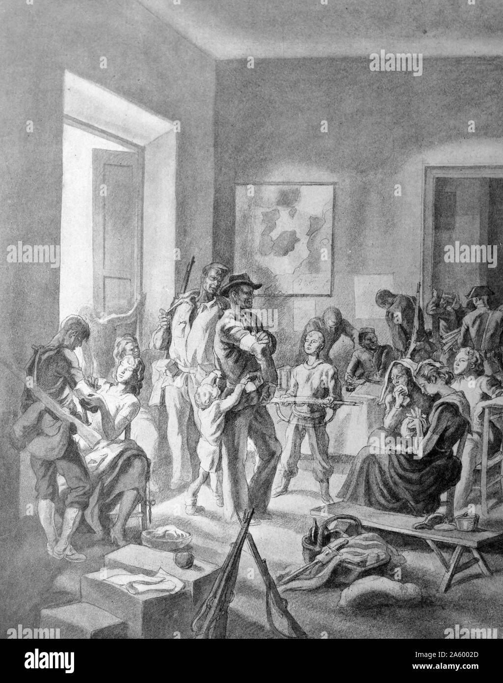 Propaganda-Illustration von Carlos Saenz De Tejada Darstellung nationalistische Familien unter Belagerung in einem Schulgebäude während des spanischen Bürgerkriegs. Datierte 1937 Stockfoto