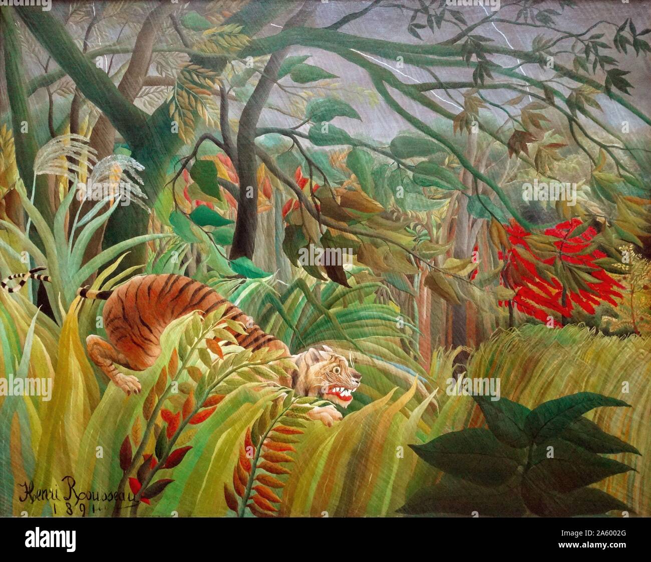 Henri Rousseau (1844-1910) Französische Schule überrascht! Oder Tiger in einem tropischen Sturm, Öl auf Leinwand (130 x 162 cm) 1891 London, National Gallery Stockfoto