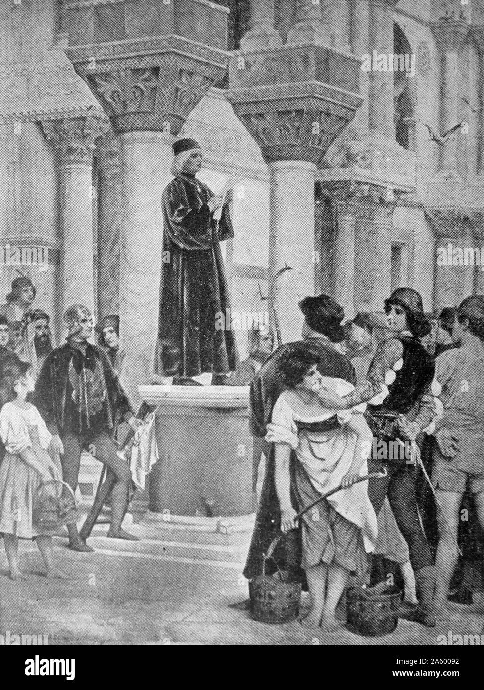 Gemälde, das Lesen eines Manifestes im mittelalterlichen Venedig französischen Malers Jacques Clément Wagrez (1846-1908). Vom 20. Jahrhundert Stockfoto