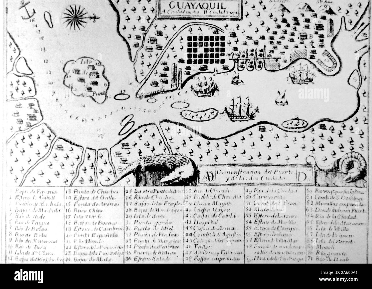 Karte von der Stadt Guayaquil von Alcedo Dionisio de Herrera (1690 - 1777) ein Historiker und Geograph und ein spanischer Bürokrat in Amerika besetzt die Dignität des Präsidenten der Audiencia von Quito und Gouverneur von Panama Stockfoto