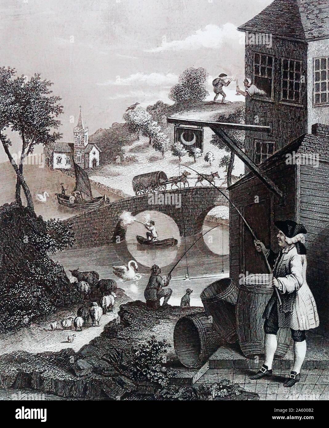 Satire auf falsche Perspektive ist der Titel einer Gravur, produziert von William Hogarth in 1754 für seinen Freund Joshua Kirby Broschüre über lineare Perspektive. Hogarth (1697-1764). Englischer Maler, Grafiker, bildhafte Satiriker. Stockfoto