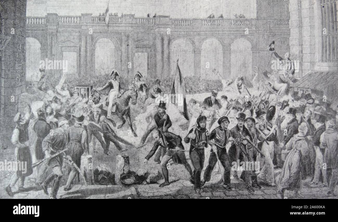 Gravur von König Louis Philippe i. von Frankreich (1773-1850) verlassen das Palais Royal für das Hotel de Ville nach seiner Wahl. Vom 19. Jahrhundert Stockfoto