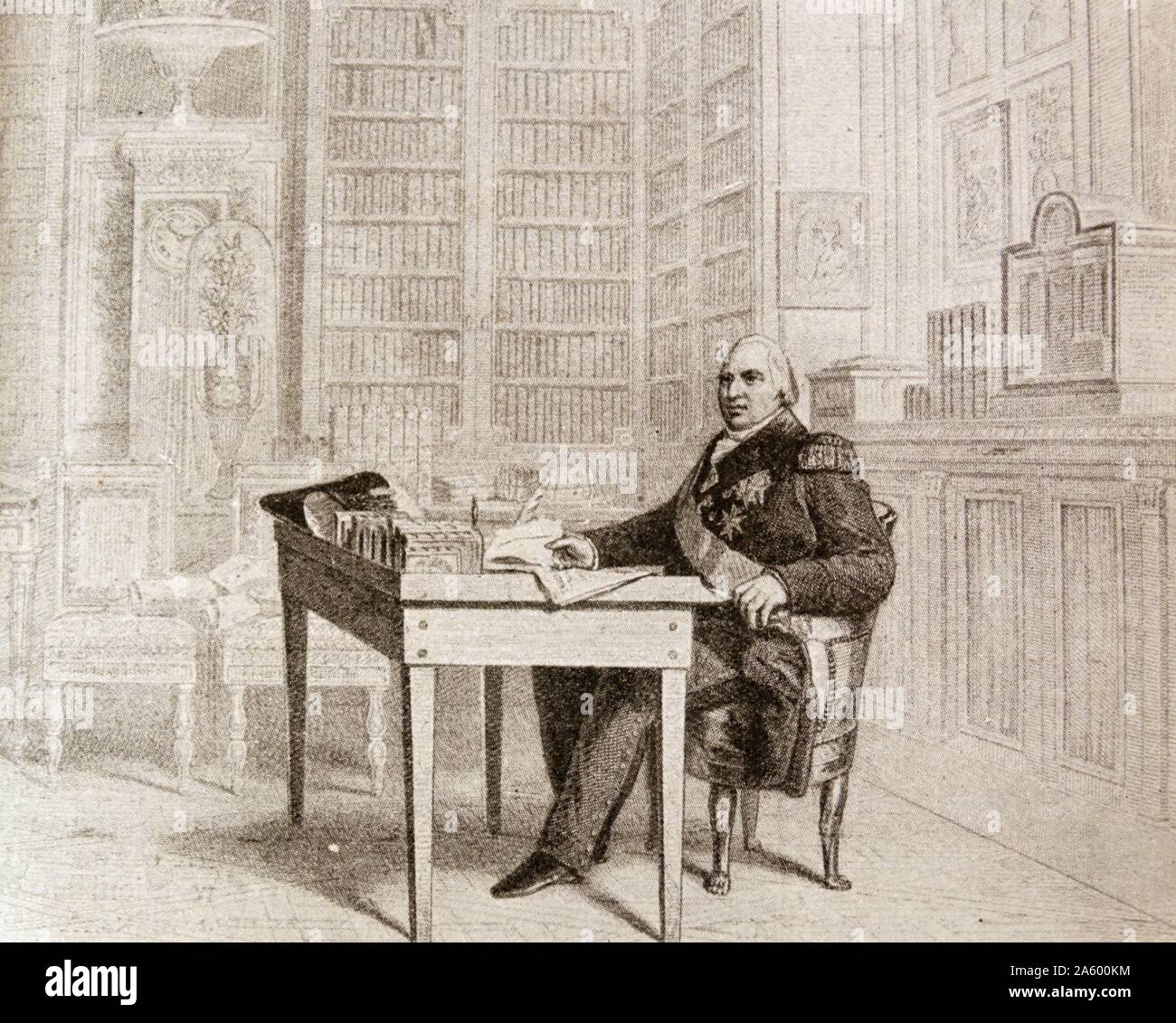 Illustration von König Louis XVIII von Frankreich (1755-1824) Ausarbeitung der "Charta" in St. Ouen. Vom 19. Jahrhundert Stockfoto