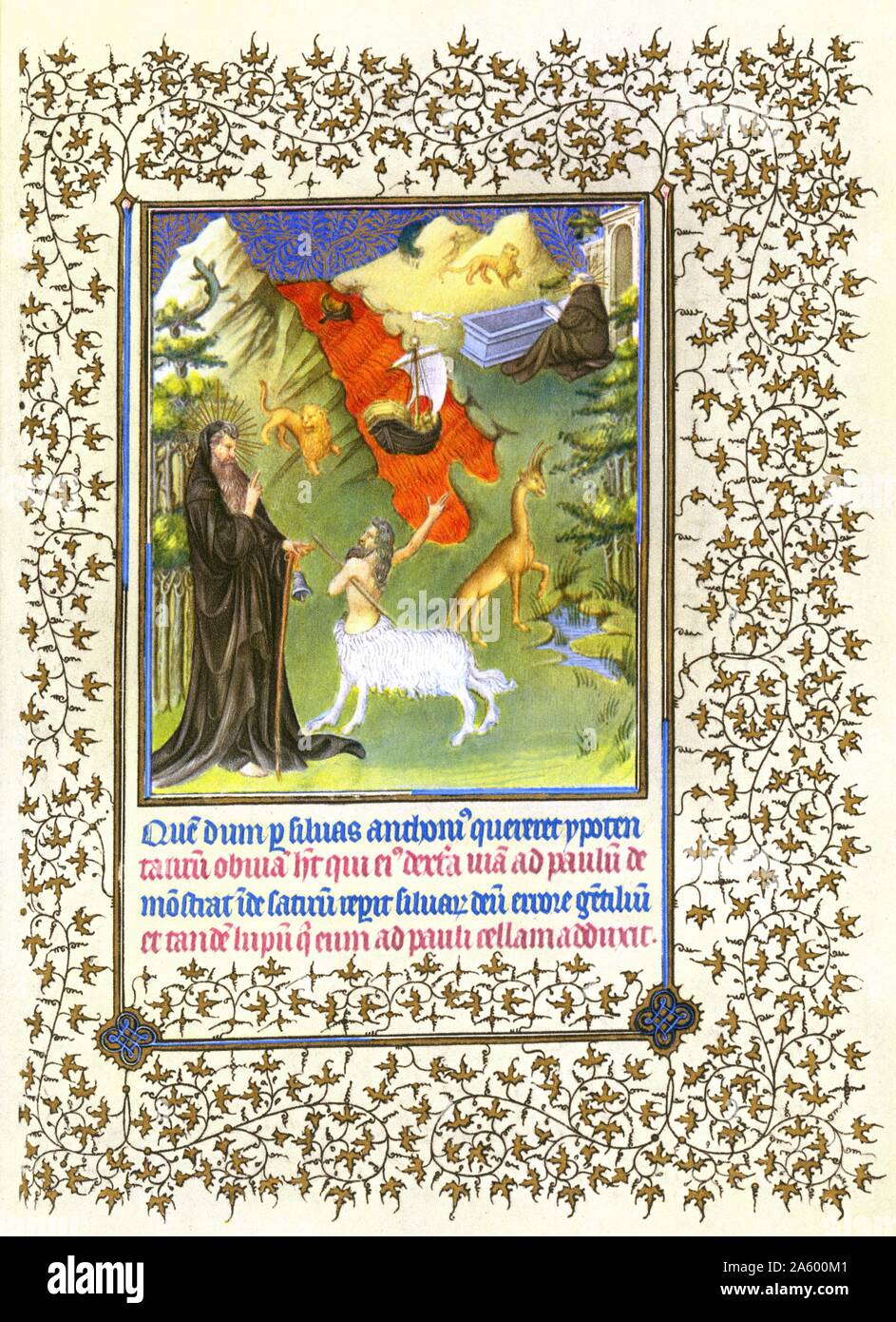 Darstellung der Geschichte des Heiligen Antonius und Paul der Einsiedler aus Belles Heures von Jean de France, Duc de Berry (schöne Stunden) eine frühe 15. Jahrhundert illuminierte Handschrift Buch von Stunden Beleuchtung. Vom 15. Jahrhundert Stockfoto